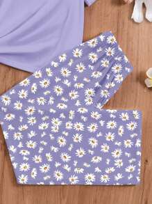 SHEIN Leap Crew 波西米亚风格雏菊花卉印花，青少年女孩休闲简约圆领短袖 T 恤和宽松长裤家居服套装，适合夏季 - 彩色 - 查看 5