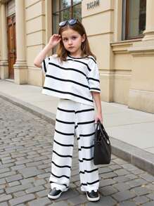 2pcs/Set Young Girl Striped Crew Neck Knit Top And Loose Fit Casual Pants Set