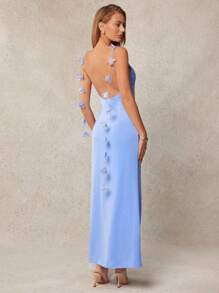 L'Amorae Vestido de mujer con corte al bies y detalle de tirante con flor y espalda baja