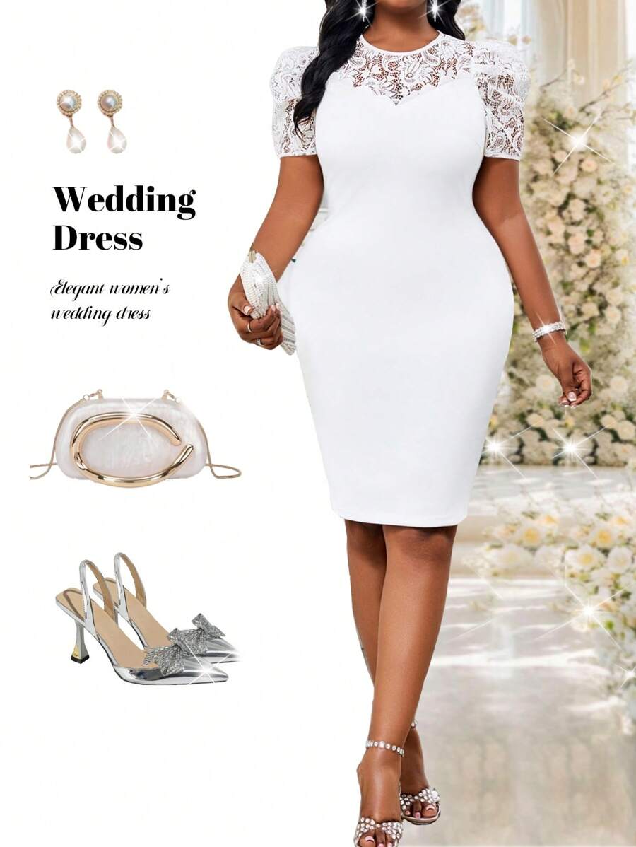 Fleurora Váy công sở mùa xuân hè thanh lịch đi làm bằng vải len màu trắng cổ bút chì tay áo xếp nếp ren tương phản midi tay ngắn cỡ lớn quần áo mùa hè cho phụ nữ váy mùa hè cho phụ nữ váy cho phụ nữ quần áo công sở thanh lịch cho phụ nữ quần áo váy công sở mùa hè - trắng - Xem 1