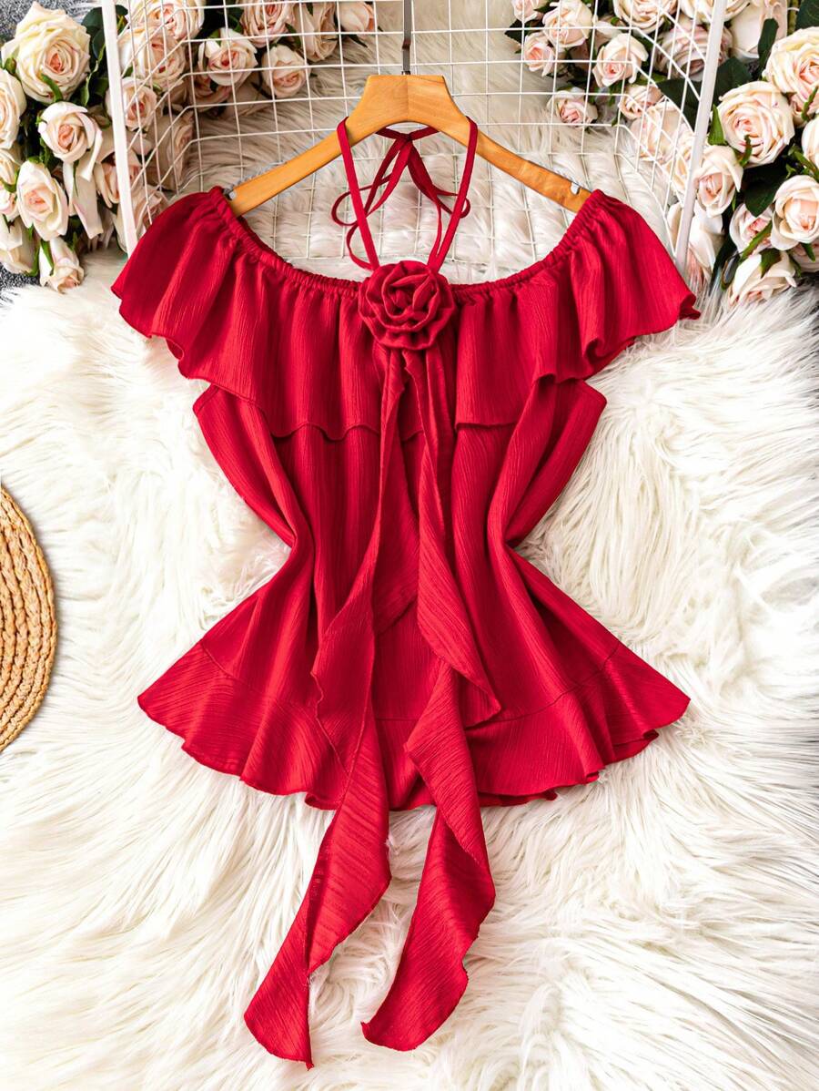 SHEIN DreamScene Áo cánh hở vai tay bèo nhún cỡ lớn cho nữ, kiểu dáng đơn giản, thanh lịch, phù hợp cho mùa xuân và mùa hè - Đỏ - Xem 1