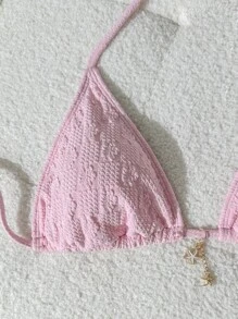Swim Mod 女式夏季纯色提花金属装饰吊带比基尼上衣 - 粉色 - 查看 3