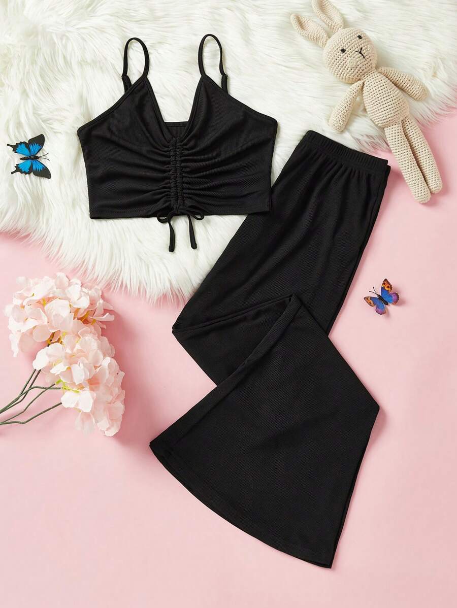 Teen Girls' Drawstring Waist Ruffle Hem Pajama Pants - Black - View 1