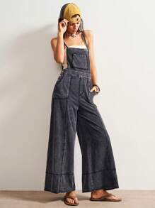Bohemela Boho 4th Of July Casual Solid Color Woven Wide Leg Loose Bib Color Block Distressed Women Jumpsuit