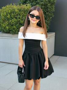 SHEIN Nova Glow Tween 女童街头风休闲露肩修身连衣裙 - 黑色 - 查看 1