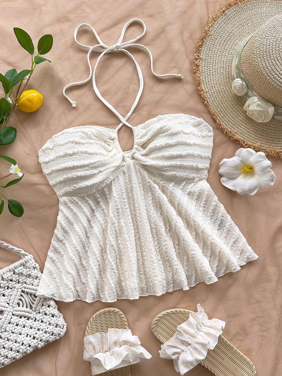 Soleia 女士米色纹理 V 领露背系腰 A 字休闲吊带上衣，适合度假、派对、约会、下午茶、海滩、夏季 - 杏色 - 查看 1