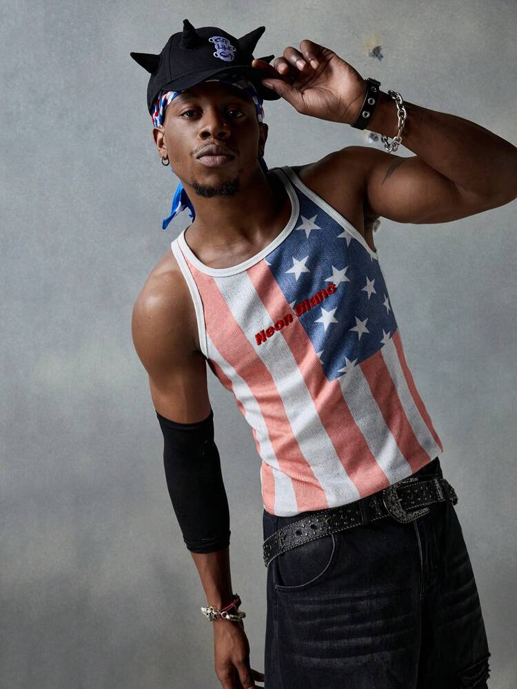 Men's Streetwear Style Star & Stripe Letter Print Knit Tank Top, Suitable For Summer, School