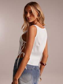SHEIN Forever 21 女士纯色无袖衬衫，带蝴蝶结装饰，适合夏季 - 白色 - 查看 2