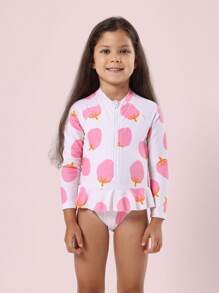 SUMWON Girls Long Sleeve Sun Protection One Piece Swimsuit With Sweet Summer Pattern And Ruffle Detail, Perfect For Beach Pool Swimming - Multicolor - View 2