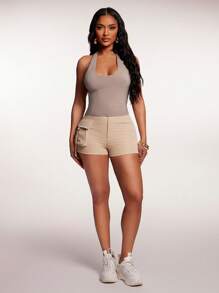 SHEIN SXY Women's Sexy Solid Color Backless Halter Top, Summer - Khaki - View 4