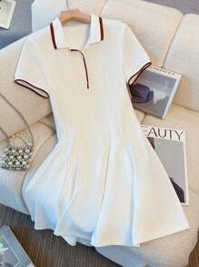 Franclia 女士时尚波浪喇叭罗纹领短袖迷你连衣裙