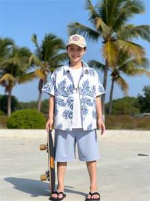 SHEIN Tween Boy Tropical Print Shirt & Shorts Without Tee - Blue and White - View 1