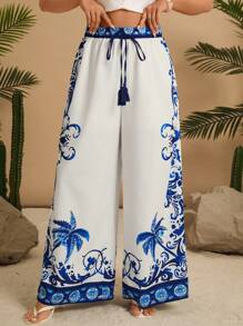 Travachic Pantalones palazzo informales de playa con estampado integral y anudado para tallas grandes para el verano - Multicolor - Ver 5