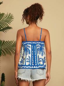 Travachic 黑白花卉印花植物印花休闲度假吊带背心，夏季，夏季，沙滩装，春夏，复活节，海滩，春假，度假，音乐会女士，波西米亚风，波西米亚风，音乐节，热带度假女士，7 月 4 日，假日 - 藍白色 - 查看 2