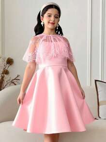 Elegancka satynowa sukienka księżniczki z tiulu i koralikowy płaszcz dla dziewcząt w wieku 1-2 lat, zestaw 2 częściowy, odpowiedni na imprezy i wydarzenia - Różowy - Zobacz 10