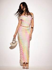 VIOLA AND VESPER Gradient Pastel Rainbow Printed Stretchy Mesh Ruched Off-Shoulder Top Summer Tulle Top - Baby Pink - View 1