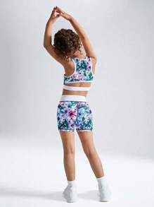 SHEIN Young Girls Floral Printed Sleeveless Top And Shorts Activewear Set, Pink, Purple And Blue, Suitable For Holiday, Sports, Outdoor Activities, All Seasons Workout Clothes For Kids Girls Activewear Kids Workout Clothes Young Girls Athletic Sets Girls Active Wear Girls Workout Set Girls Activewear Set Girls Biker Short Set Tween Girl Workout Set Girls Yoga Set