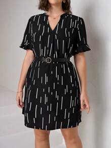 Chikora Plus Geo Print Flounce Sleeve Notched Neckline Dress, Summer - Black - View 1
