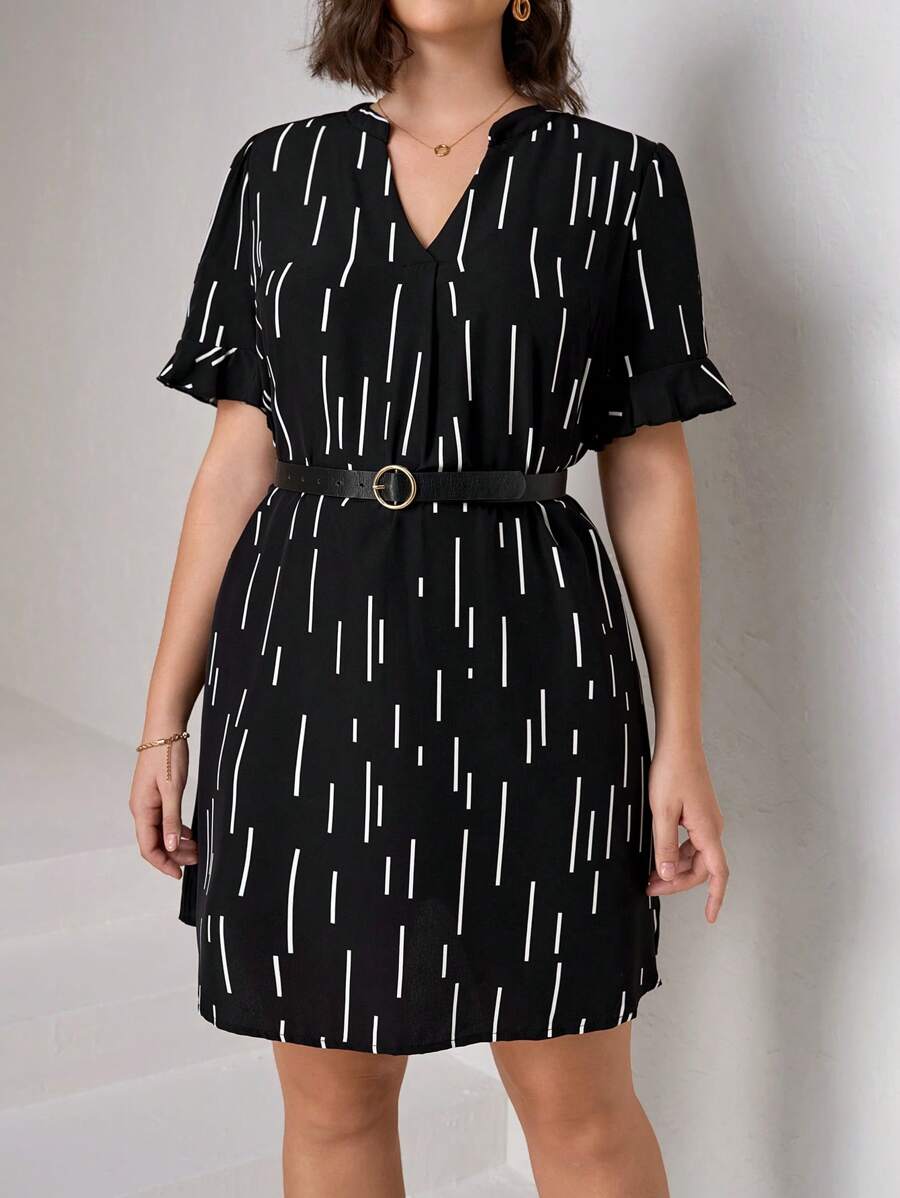 Chikora Plus Geo Print Flounce Sleeve Notched Neckline Dress, Summer - Black - View 1