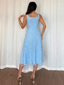 Rafferiza Đầm dự tiệc ngày lễ hàng ngày thời trang và thanh lịch, cổ chữ U, eo cao, không tay, dáng chữ A, thêu lưới ba chiều, hoa màu xanh lam, dành cho nữ, váy dài vừa phải, mùa xuân và mùa hè, váy dự tiệc cho nữ - Màu xanh nhạt - Xem 2