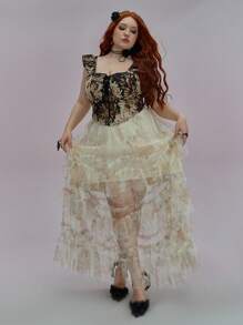ROMWE Plus Size Women Retro Elegant Ruffled Organza Floral Print Skirt - Multicolor - View 2