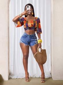 BamGleam 女士松紧腰印花度假衬衫，夏季时尚 - 彩色 - 查看 5