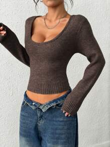 INAWLY 女士纯色针织长袖上衣，适合秋冬季的时尚 - 咖啡棕 - 查看 3
