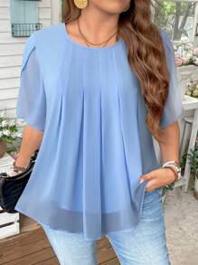 SHEIN LUNE 大码女式休闲纯色衬衫，简约时尚，适合夏季度假夏季上衣商务休闲女式夏季上衣 - 淺藍色 - 查看 1