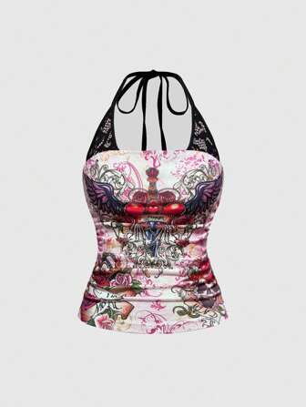 ROMWE Avant Concert Outfit Women Y2K Girly Punk Skeleton Print 2 In 1 Lace Patchwork Bodysuit Tank Top