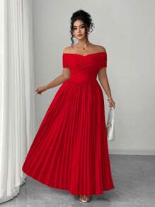 Elenzga Plus Size Women's Off Shoulder Ruched Waist Bandeau Romantic Elegant Graduation Dress, Summer Women Dresses Elegant Gown Women Summer Clothing Women Clothes Women Casual Dress Women Birthday Women Dresses Birthday - Red - View 5
