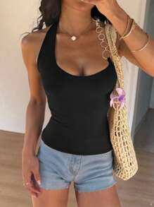 Women's Summer Fashion Street Vacation Style Asymmetric Metal Ring Halter Neck Top - Black - View 1