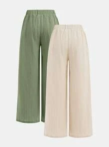 SHEIN Set de 2 pantalones anchos de pierna ancha con textura tejida y moño casual para niñas preadolescentes, estilo vacacional