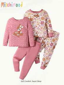 2 件套女婴鹿印花裤和长袖上衣套装，休闲家居服