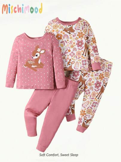 2 件套女婴鹿印花裤和长袖上衣套装，休闲家居服