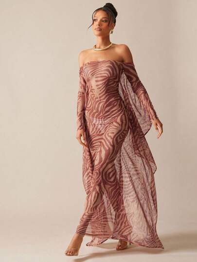 Hauture Off Shoulder Sexy Zebra Print See-Through Mesh Dress, Suitable For Vacation & Beach,Dresses For Women Summer