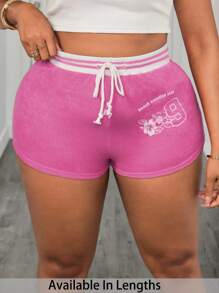 SHEIN PETITE CURVE Quần short bó eo có dây rút in chữ cỡ lớn cho nữ - Màu Hồng Tươi - Xem 8