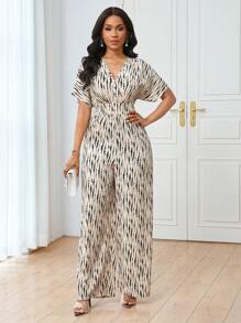 Lunelith SHEIN Lunessa V领短袖全条纹印花松紧腰修身优雅休闲女式连体裤 - 彩色 - 查看 5