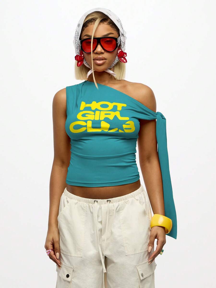 SUMWON WOMEN Áo thun Y2K in logo trễ vai, trang phục câu lạc bộ lễ hội mùa hè, đồ thể thao, buộc dây bên hông, áo crop top họa tiết bất đối xứng - Màu xanh lam - Xem 1