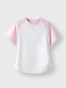 JNSQ T-shirt à manches courtes de sport décontracté pour la rentrée scolaire, Top de sport décontracté à col rond pour enfants avec patchwork et imprimé contrasté amusant