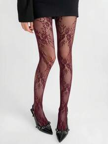 ROMWE Kawaii Medias de red sexys con diseño calado y alta elasticidad con estampado floral, adecuadas para el uso diario de la mujer