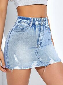 SHEIN EZwear 破洞毛邊緣牛仔半身裙