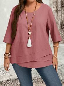 EMERY ROSE Plus Size Asymmetric Hem Grey Pink Country Shirts Fall Clothes - Redwood - View 5