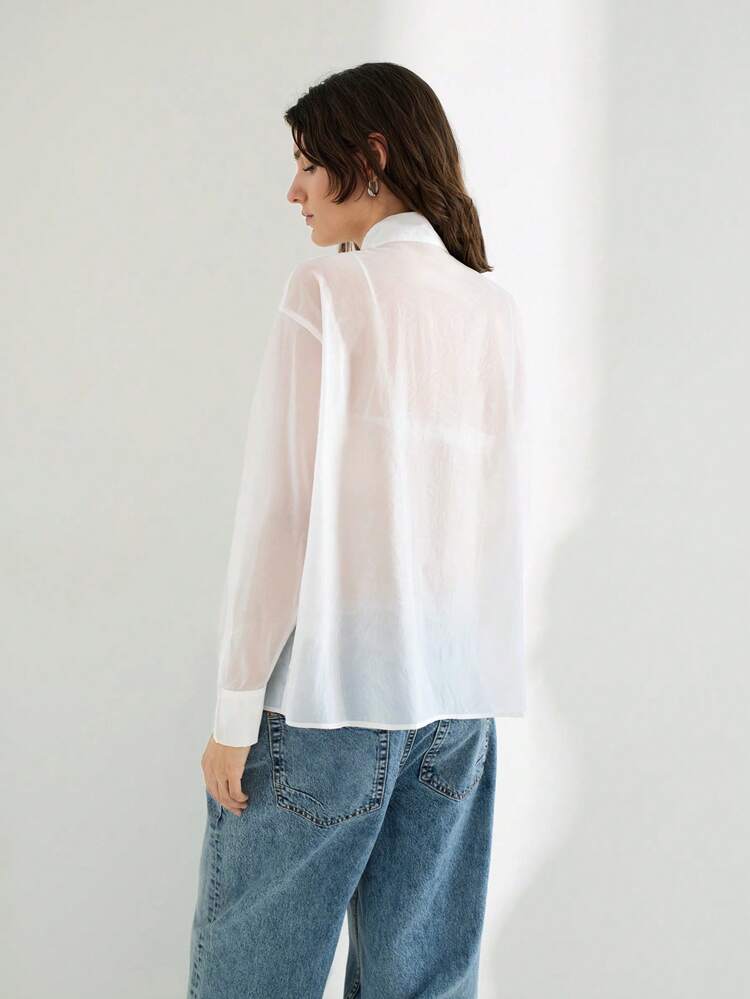 SHEIN Maija Women's White Mesh Tie Collar Semi-Sheer Blouse, Elegant Style With Design Flair