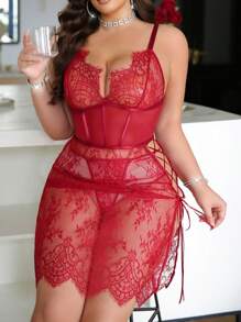 SHEIN Conjunto de lencería de 2 piezas con encaje y malla en contraste, talla grande, sin aros - Burdeos - Ver 5