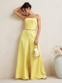 VIOLA AND VESPER Summer Pastel Butter Yellow Strapless Woven Wide-Leg Jumpsuit Women Casual Vacay Outfits