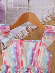 Young Girl' Flutter Sleeve Colorful Butterfly Print Ruffle Edge Casual Overall Jumpsuit, Suitable For Spring & Summer - Multicolor - View 4