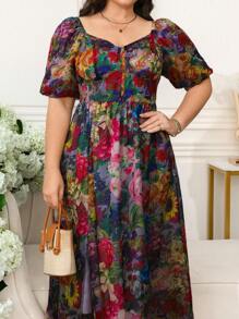 SHEIN Clasi Curve 加大码女式浪漫优雅雪纺印花泡泡袖腰 A 字长浪漫连衣裙、正式连衣裙、女士夏季连衣裙、商务休闲女装、女士生日连衣裙、女士连衣裙 - 粉色 - 查看 6