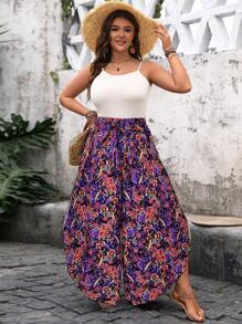 SHEIN LUNE 加大码女式花卉印花松紧腰系带下摆不对称下摆长裤，度假节波西米亚风复古印花不对称下摆长裤 - 紫色 - 查看 3