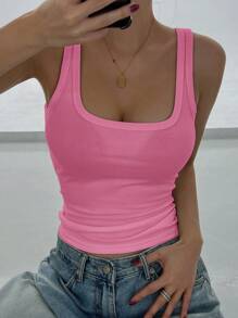 DAZY 女士纯色方领罗纹修身休闲背心