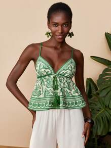 Travachic Khaki Green Position Print Top,Women's Vacation Casual Tropical Print Cami Top,Summer,Beachwear,Spring And Summer,Easter,Beach,Spring Break,Vacation,Concert Women,BOHO,Bohemia,Music Festival,Tropical Vacation Woman,4th Of July,Holiday - Green - View 3